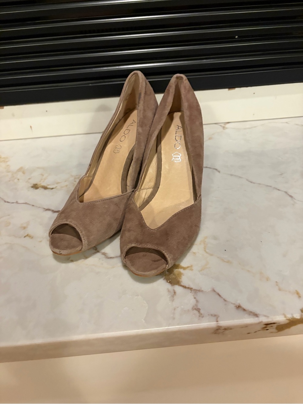 ALDO Taupe Suede Peep-Toe Wedges